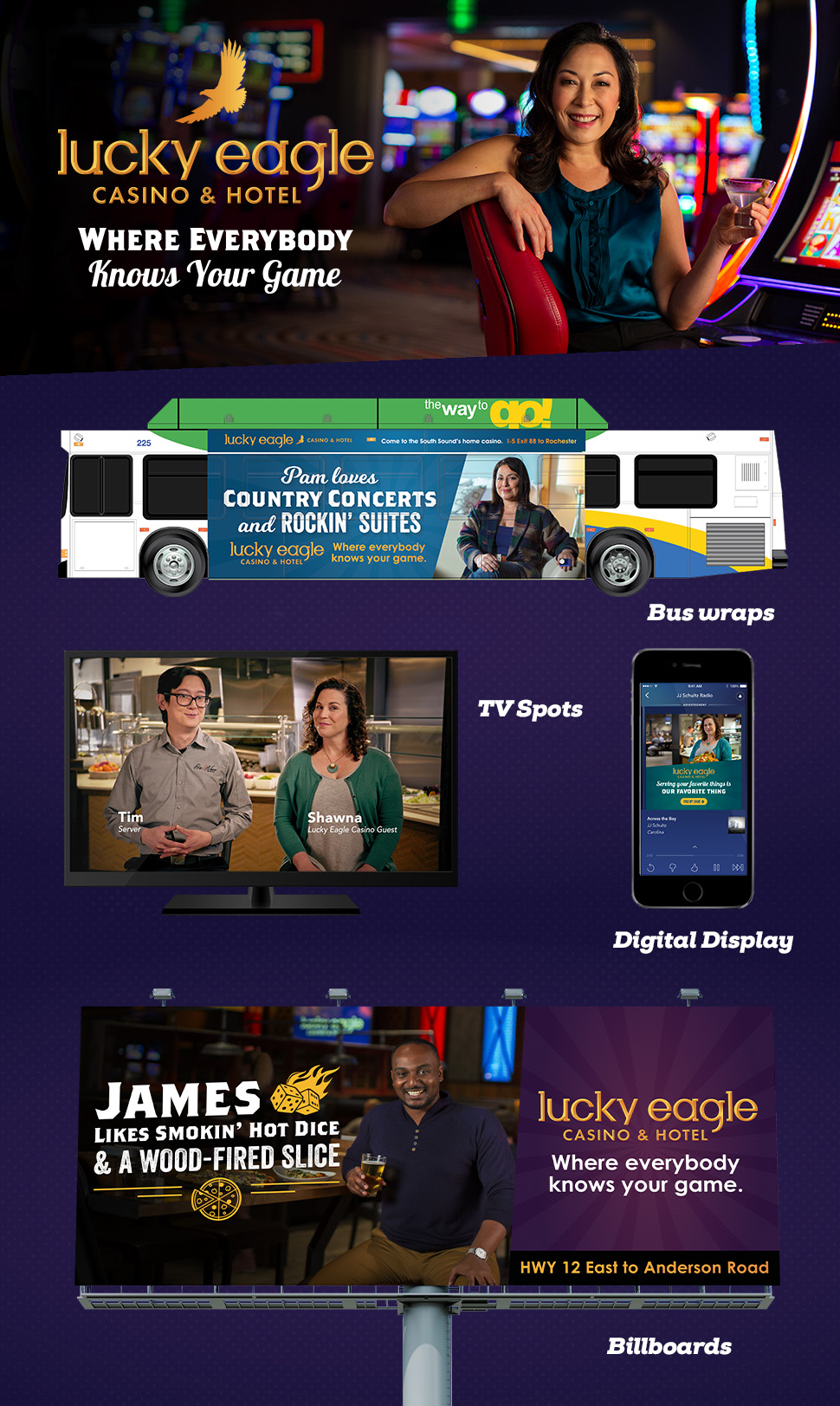Lucky Eagle campaign examples across website, bus wraps, TV spots, digital display ads and billboards.