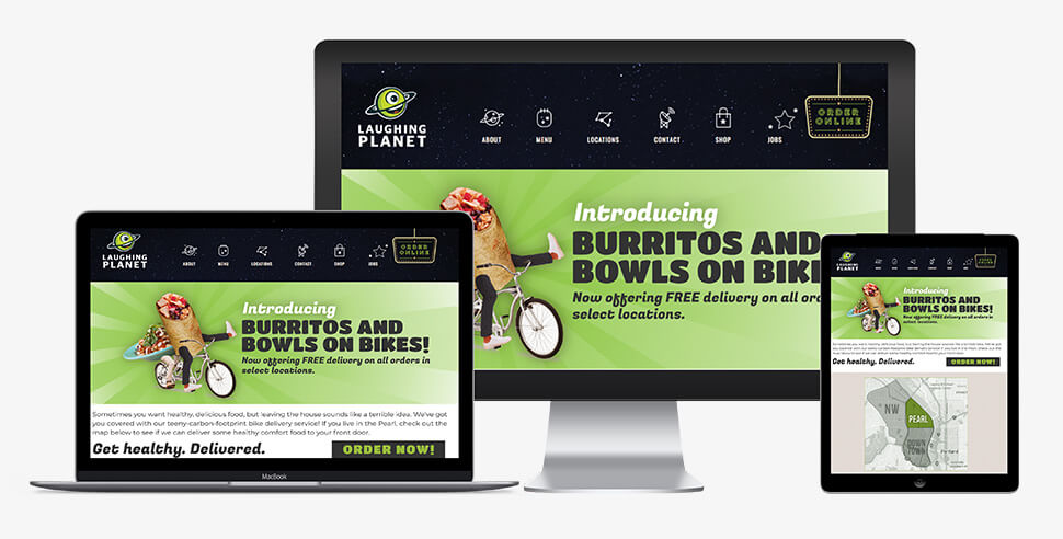 Laughing Planet promo landing page development - Desktop, Laptop, and Tablet screen views built by Fish Marketing
