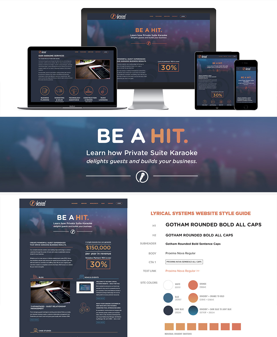 Lyrical Systems rebranding with new logo and website development - Desktop, Laptop, and Tablet screen views built by Fish Marketing