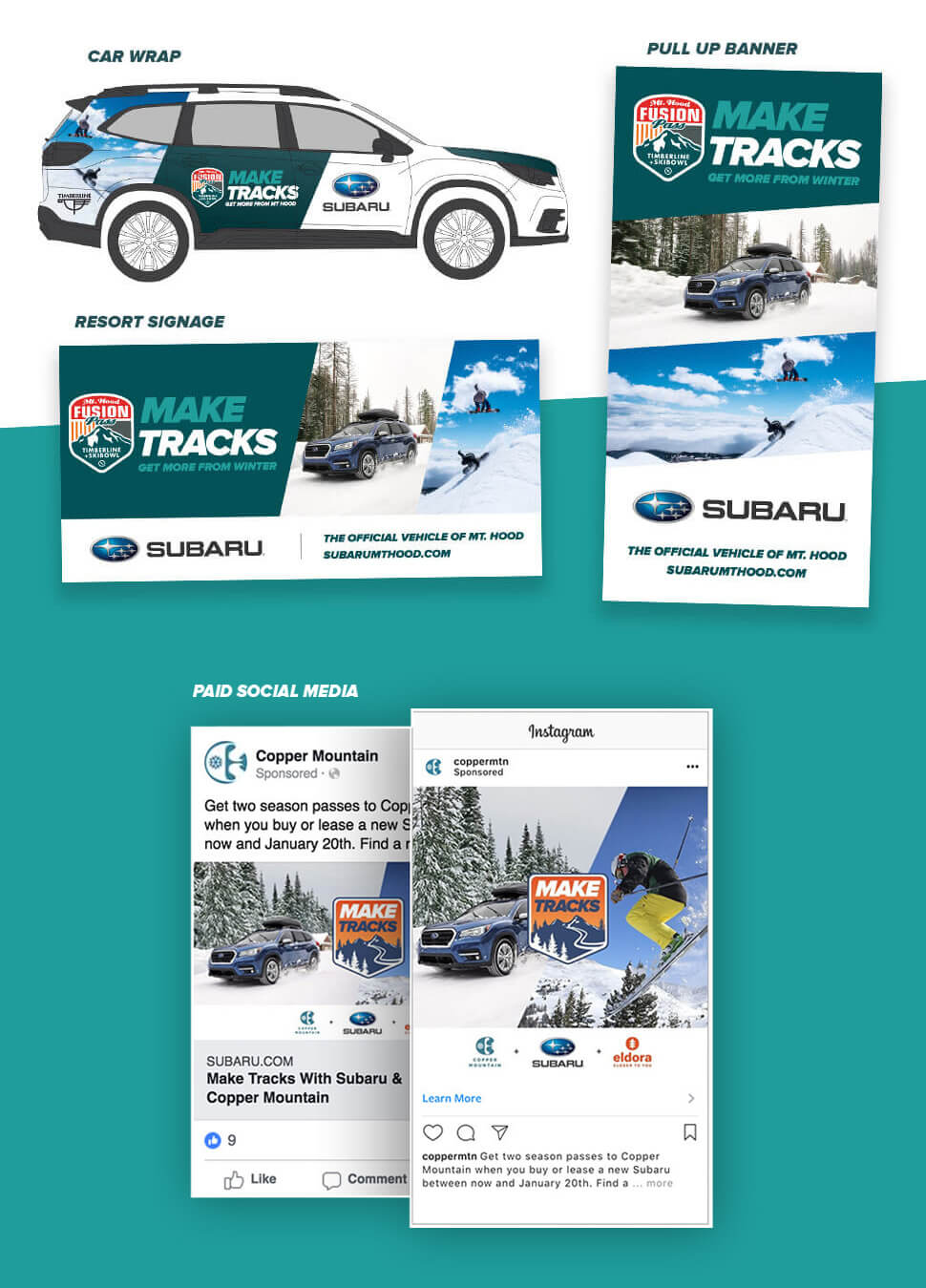 Subaru Make Tracks/Fusion Pass campaign - car wrap, digital ads, paid social examples.