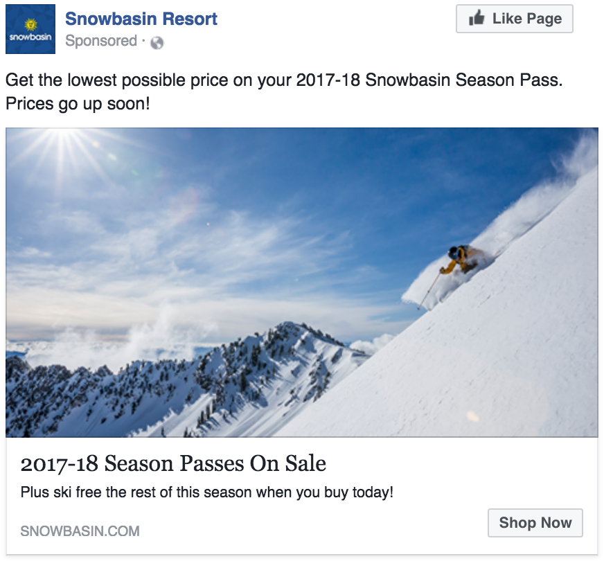 Snowbasin ad for current pass holders