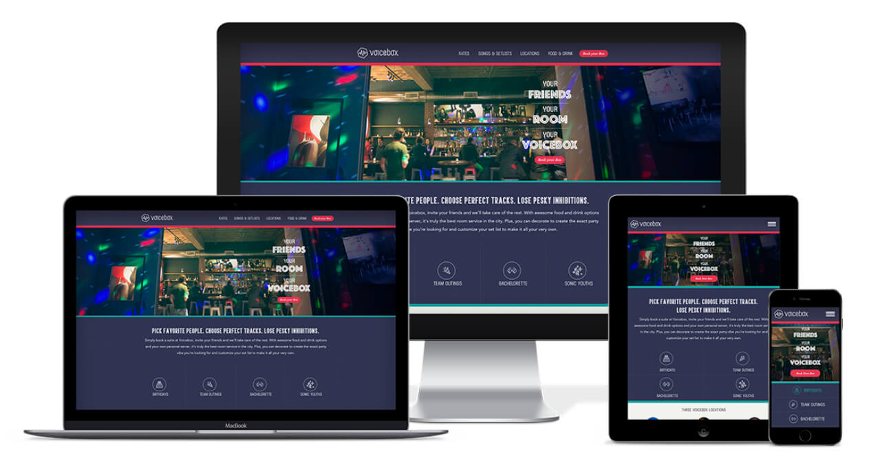 Voicebox Website Development - Desktop, Laptop, Tablet and mobile screen views built by Fish Marketing
