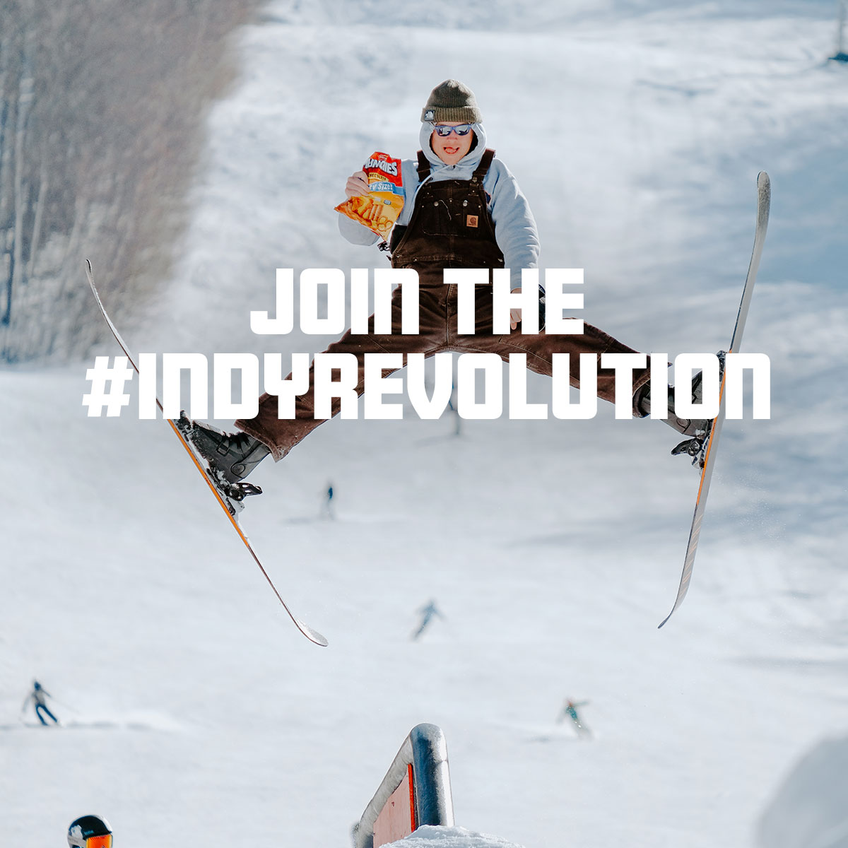 Indy Revolution hashtag with skiers